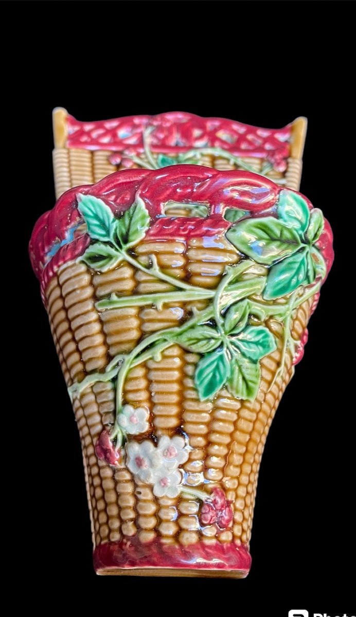 BOUQUETIÈRE EN BARBOTINE DE SARREGUEMINES MAJOLICA  VASE VANNERIE TERRE CUITE  NAPOLÉON III-photo-2