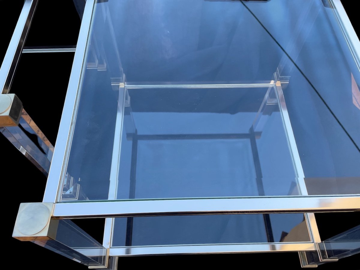 PAIRE DE BOUTS  DE CANAPÉ DE PIERRE VANDEL  EN VERRE ET LAITON DORÉ  TABLE BASSE DESIGN  1980 -photo-1