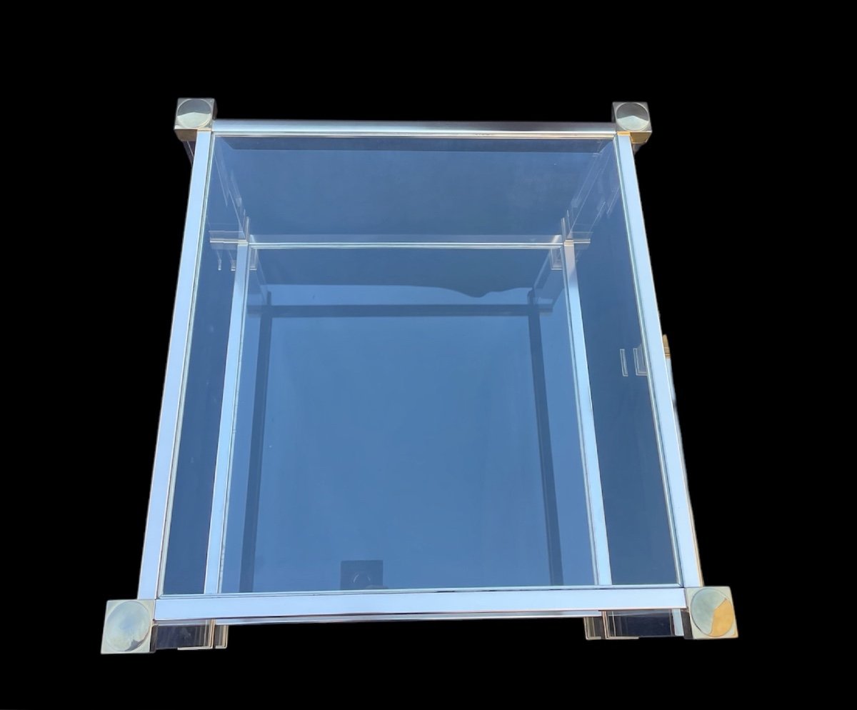 PAIRE DE BOUTS  DE CANAPÉ DE PIERRE VANDEL  EN VERRE ET LAITON DORÉ  TABLE BASSE DESIGN  1980 -photo-2