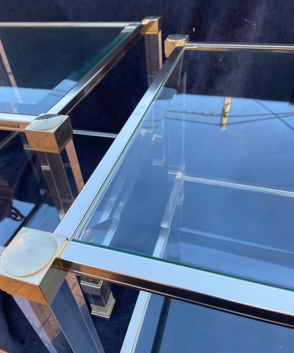PAIRE DE BOUTS  DE CANAPÉ DE PIERRE VANDEL  EN VERRE ET LAITON DORÉ  TABLE BASSE DESIGN  1980 -photo-7