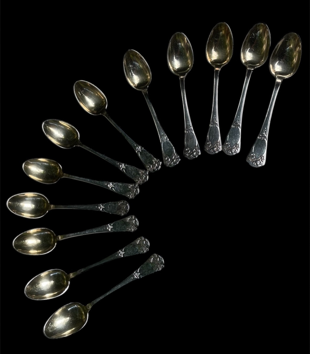 12 CUILLÈRES À MOKA ERCUIS EN MÉTAL ARGENTÉ STYLE ART NOUVEAU ARGENTERIE RAISIN FEUILLE VIGNE  