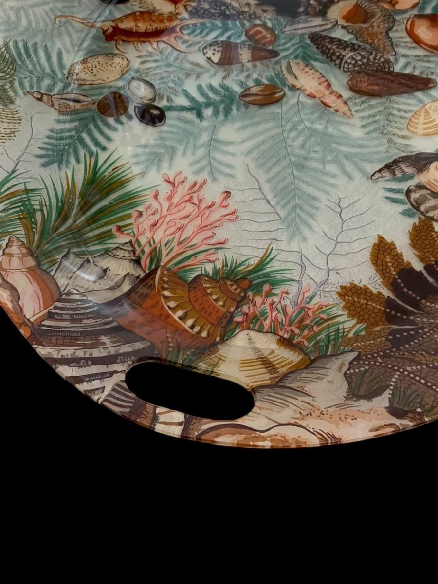 GRAND PLATEAU DE LA MAISON CHRISTIAN DIOR À DÉCOR  DE FOND MARIN  COQUILLAGE VINTAGE  ANNÉES 80-photo-7