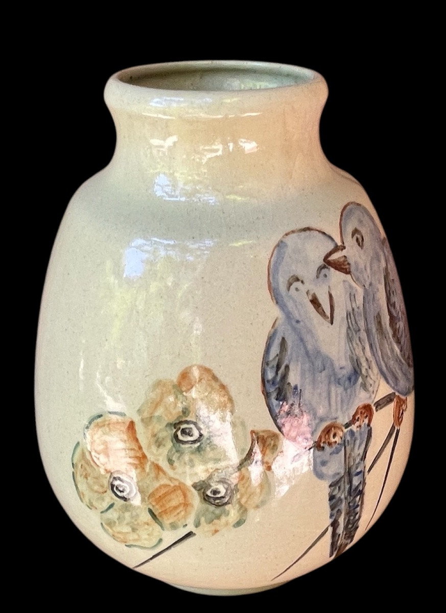 VASE EN FAÏENCE DE LA CÉRAMISTE SIMONE LARRIEU DÉCOR D'OISEAUX ET FLEURS VERS 1940-1950-photo-1