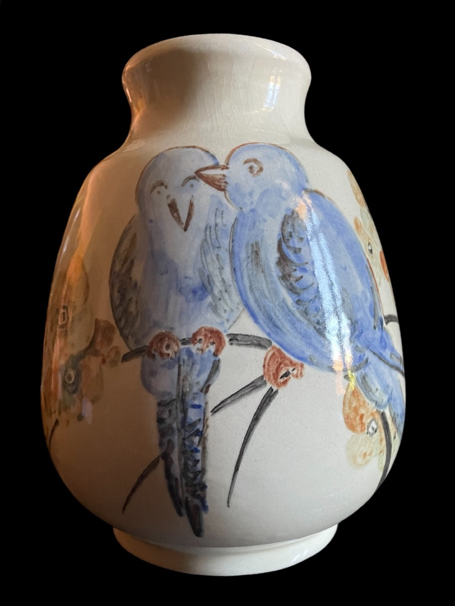 VASE EN FAÏENCE DE LA CÉRAMISTE SIMONE LARRIEU DÉCOR D'OISEAUX ET FLEURS VERS 1940-1950-photo-4