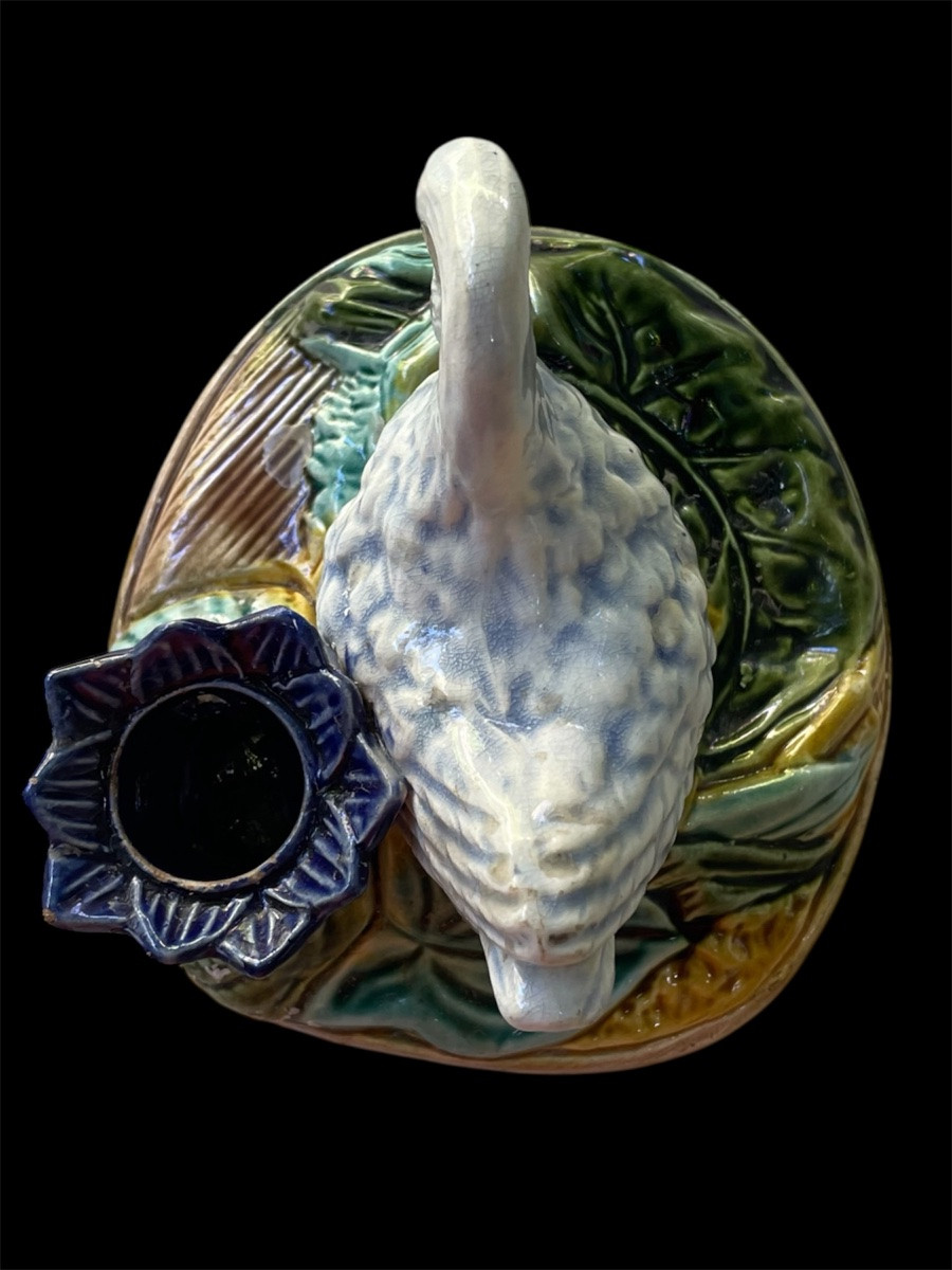 BOUGEOIR EN BARBOTINE PROBABLEMENT ONNAING VERS 1890/ 1900  CYGNE NÉNUPHAR  FAÏENCE -photo-8