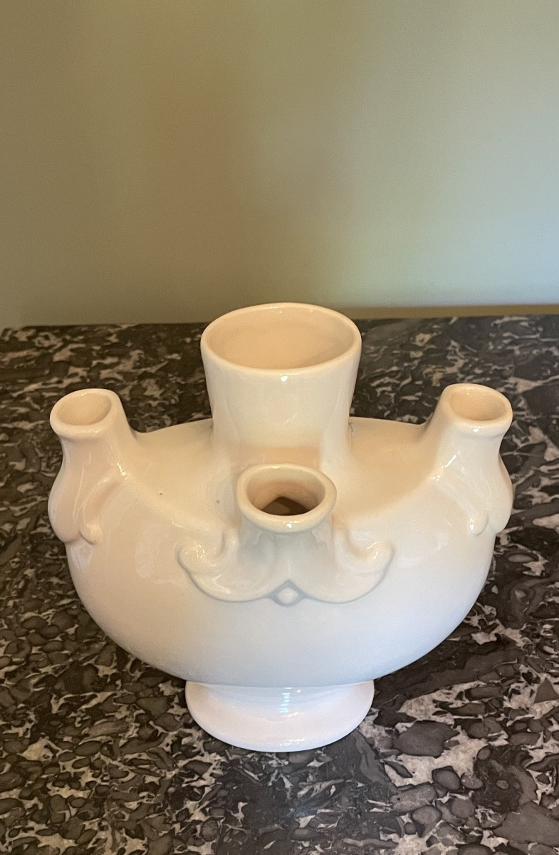 Saint-clément Earthenware Flower Vase White Earthenware Circa 1950-1960 Tulipiere -photo-3