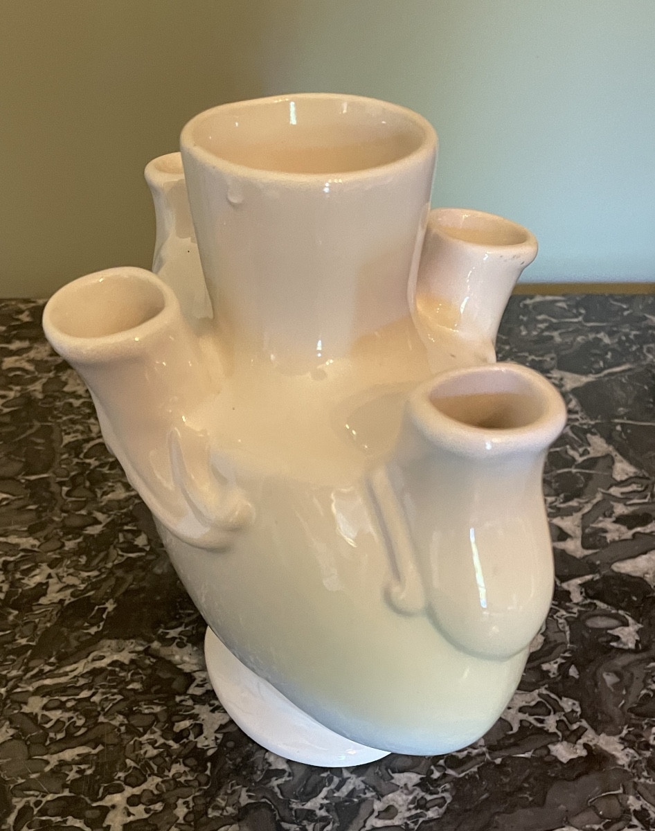 Saint-clément Earthenware Flower Vase White Earthenware Circa 1950-1960 Tulipiere -photo-5