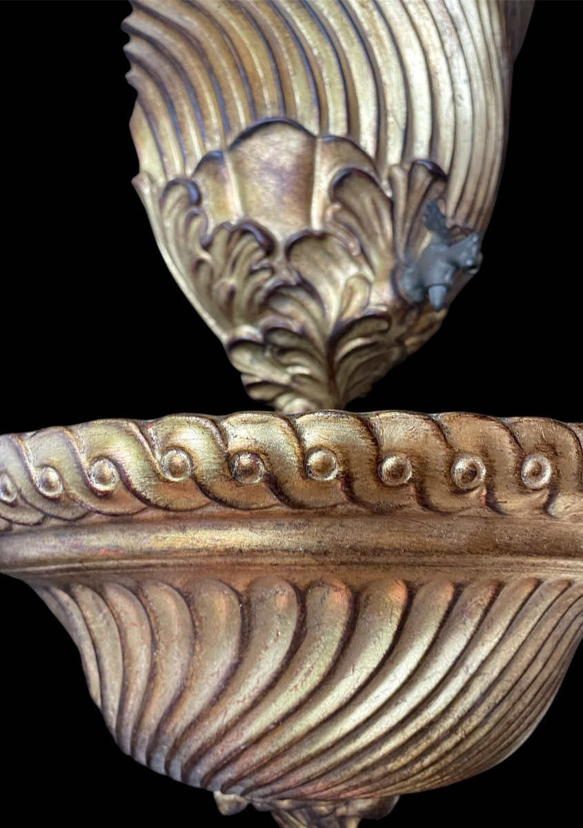 Trompe-l'œil Earthenware Wall Fountain, Gilt Wood, Italian Work, Circa 1950, Louis XVI Style-photo-2