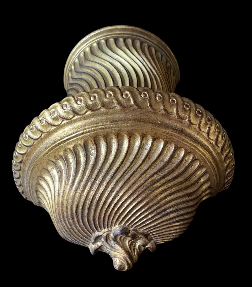 Trompe-l'œil Earthenware Wall Fountain, Gilt Wood, Italian Work, Circa 1950, Louis XVI Style-photo-8