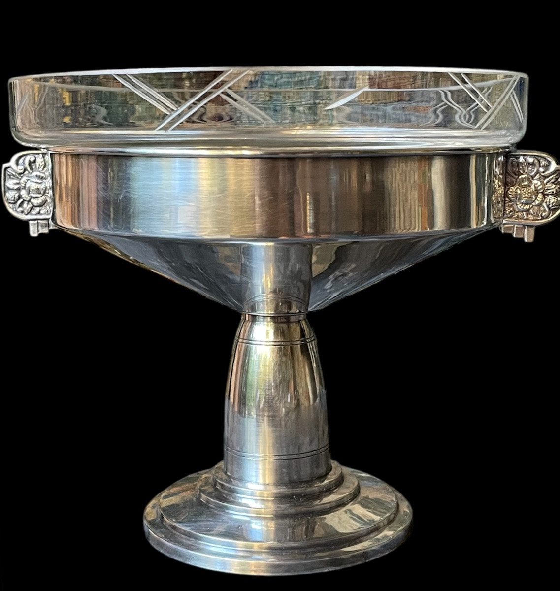 Art Deco Silver-plated Metal And Cut Glass Lining Footed Bowl Circa 1930 Silverware -photo-2