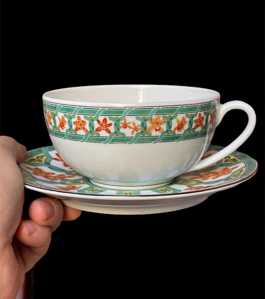 PAIRE DE TASSES À DÉJEUNER EN PORCELAINE DE LA MAISON CHRISTOFLE MODÈLE OCÉANA VERT GINKGO -photo-4