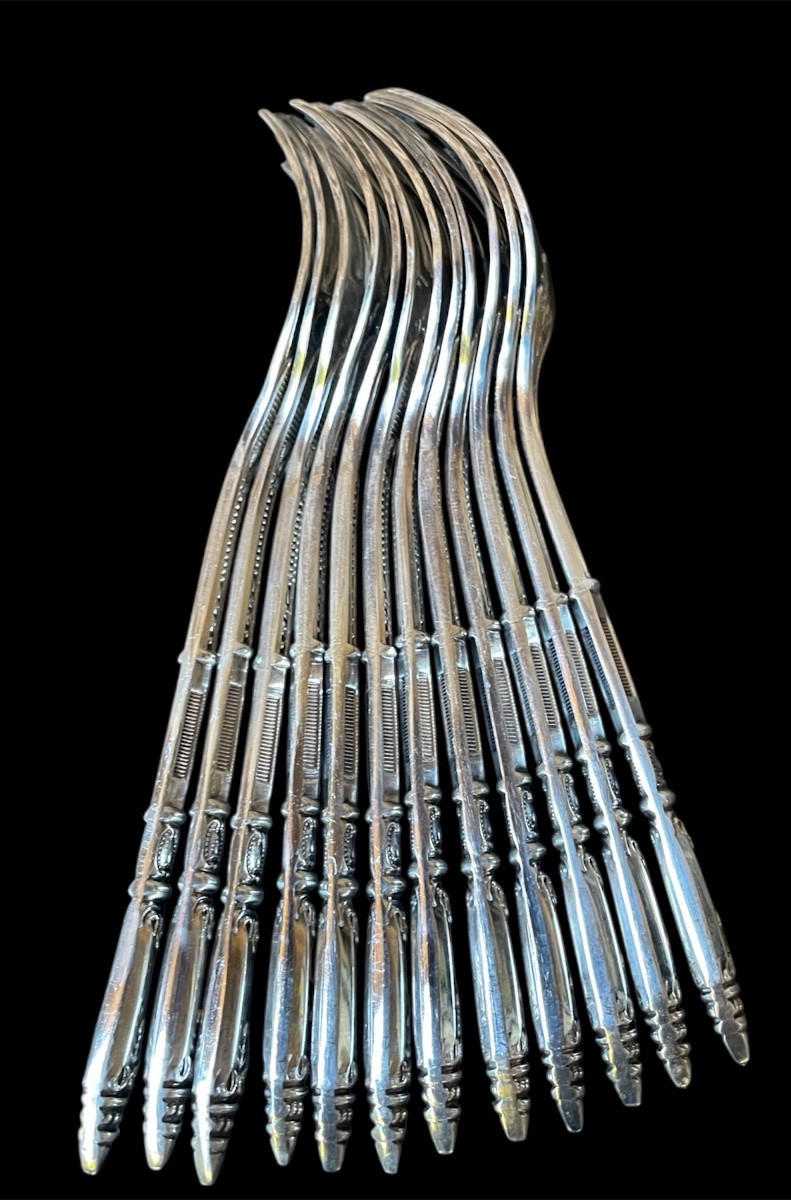 12 Ercuis Cake Forks, Russian-style Handle, Silver-plated Metal -photo-3