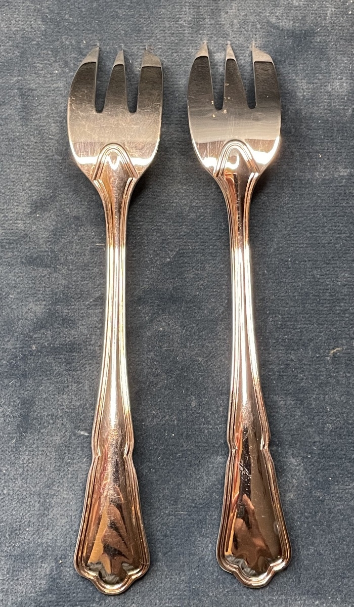 12 FOURCHETTES À GÂTEAU DE LA MAISON ERCUIS MODÈLE CONTOURS VICTORIA  EN MÉTAL ARGENTÉ-photo-2