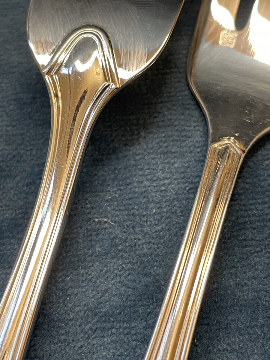 12 FOURCHETTES À GÂTEAU DE LA MAISON ERCUIS MODÈLE CONTOURS VICTORIA  EN MÉTAL ARGENTÉ-photo-4