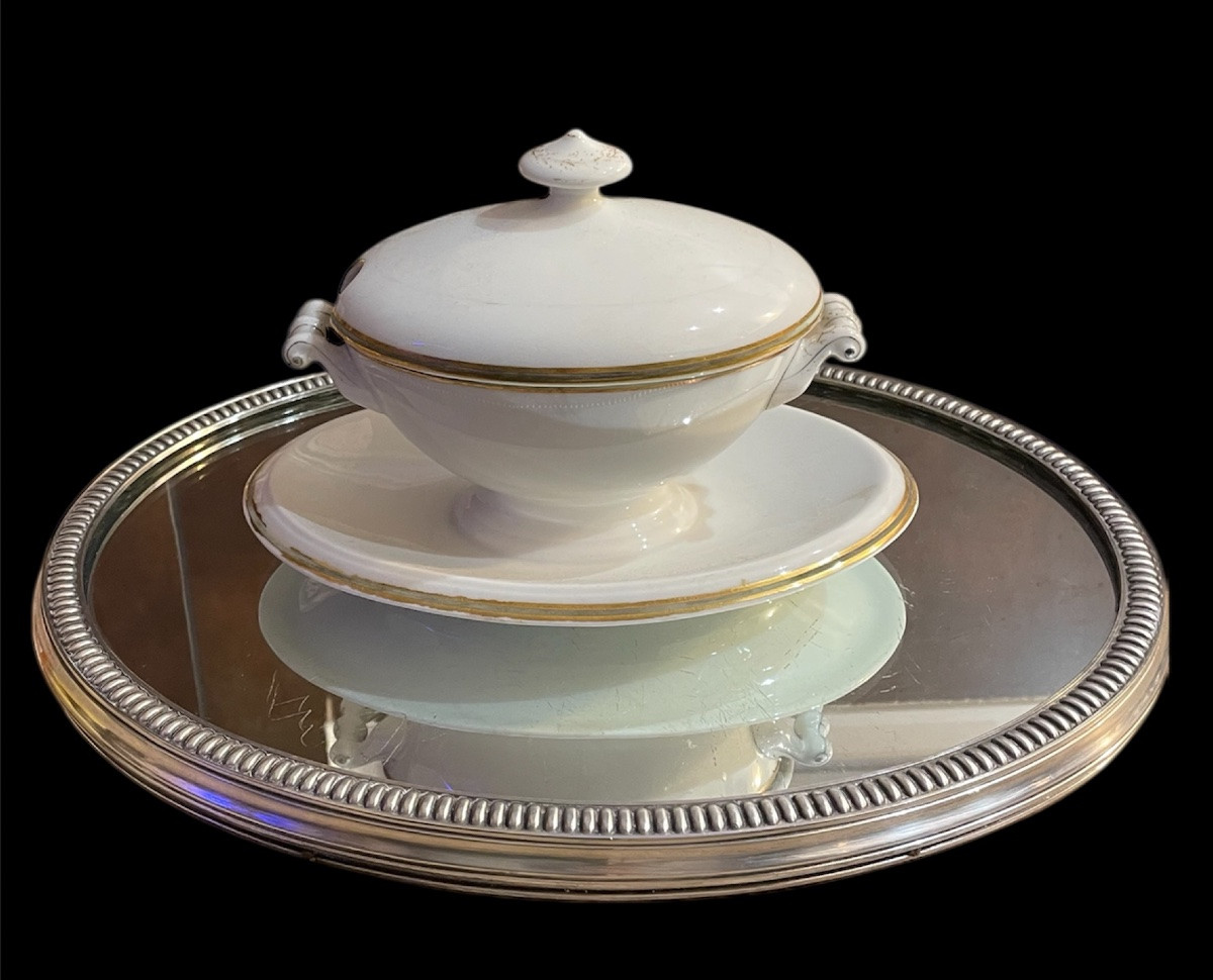 Main Centre Or Silver-plated Metal Centerpiece With Graveled Decoration, Early 20th Century Mirror -photo-1