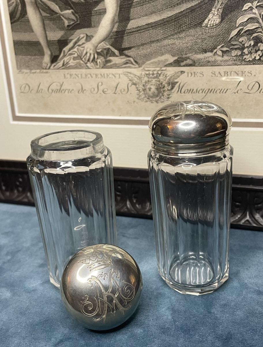 English Solid Silver And Crystal Toilet Bottles With Noble Crown And Coat Of Arms.