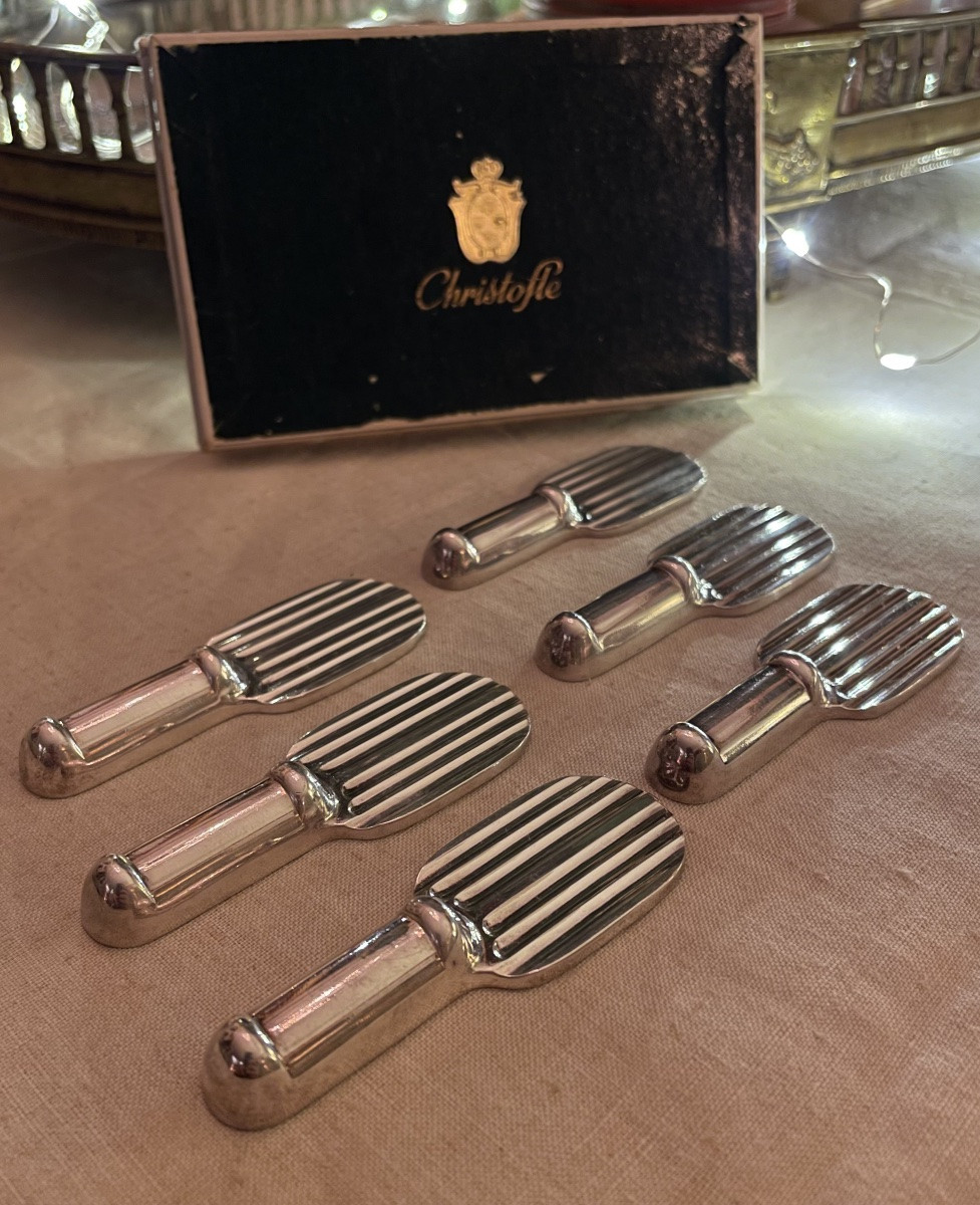 Set Of 6 Knife Rests From The Christofle House By Luc Lanel, Racket Ondulation Model, 1930-photo-1