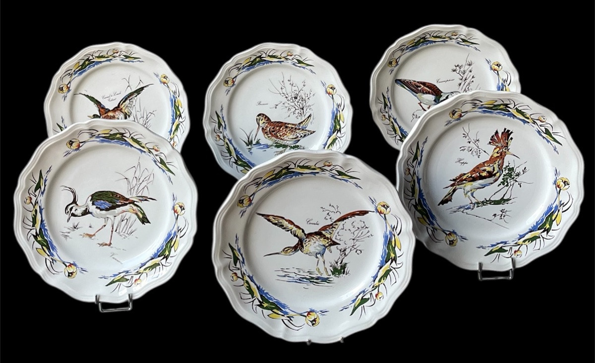 12 ASSIETTES EN FAÏENCE DE SARREGUEMINES MODÈLE SOLOGNE DÉCOR OISEAUX BÉCASSE CYNÉGÉTIQUE -photo-2