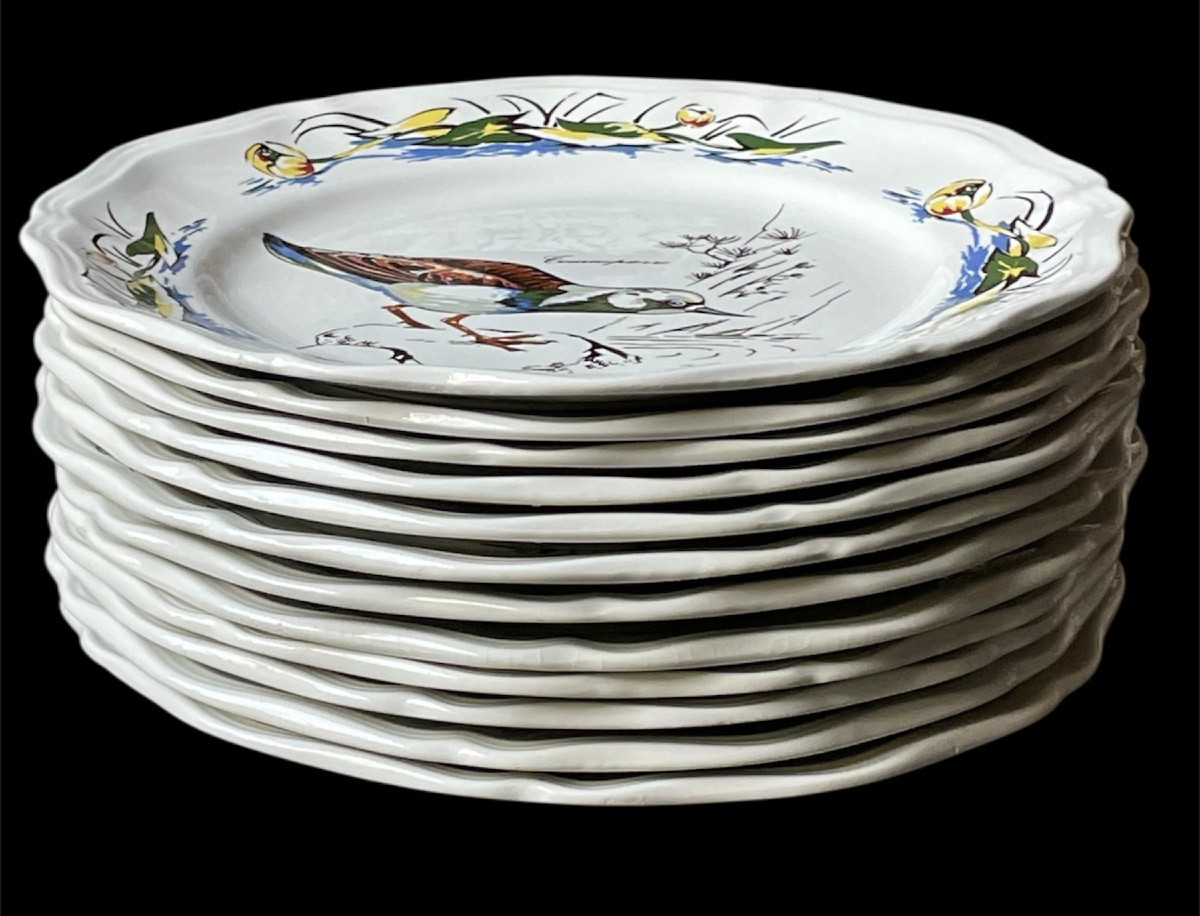 12 ASSIETTES EN FAÏENCE DE SARREGUEMINES MODÈLE SOLOGNE DÉCOR OISEAUX BÉCASSE CYNÉGÉTIQUE -photo-3