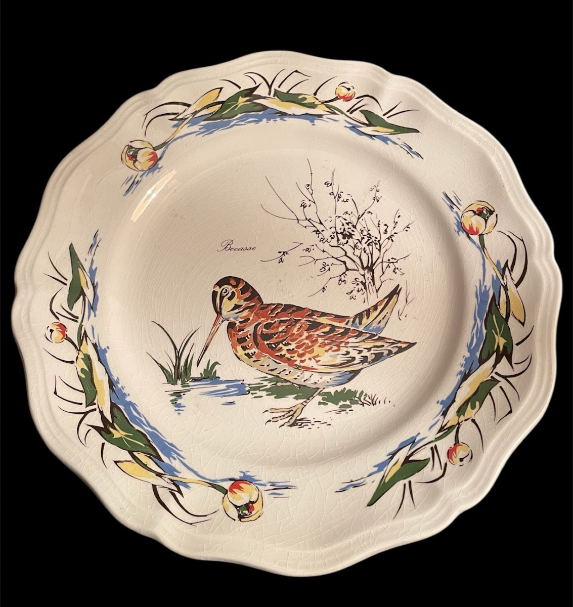 12 ASSIETTES EN FAÏENCE DE SARREGUEMINES MODÈLE SOLOGNE DÉCOR OISEAUX BÉCASSE CYNÉGÉTIQUE -photo-1