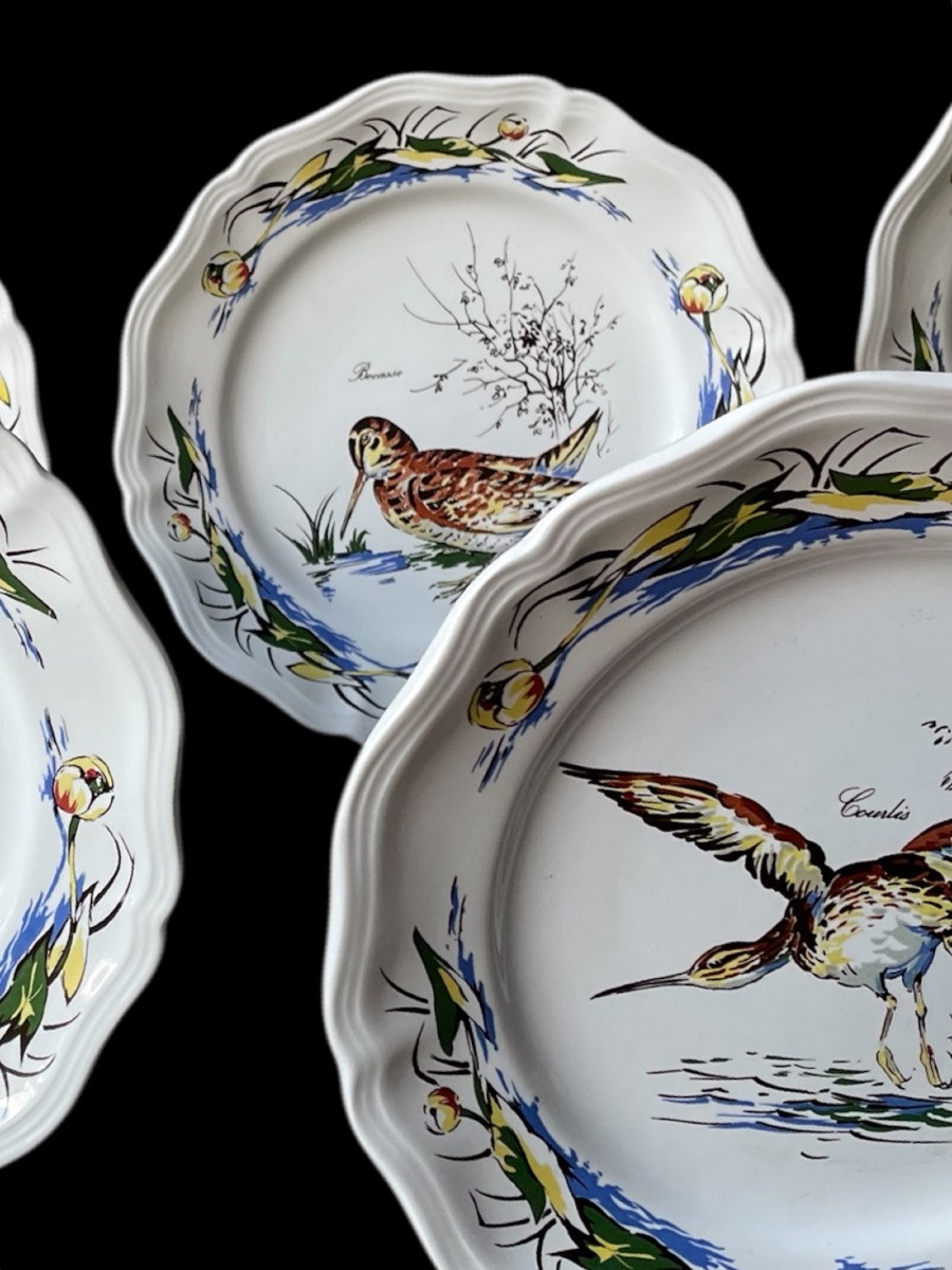 12 ASSIETTES EN FAÏENCE DE SARREGUEMINES MODÈLE SOLOGNE DÉCOR OISEAUX BÉCASSE CYNÉGÉTIQUE -photo-7