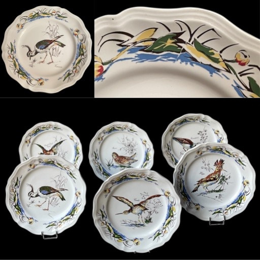 12 ASSIETTES EN FAÏENCE DE SARREGUEMINES MODÈLE SOLOGNE DÉCOR OISEAUX BÉCASSE CYNÉGÉTIQUE 