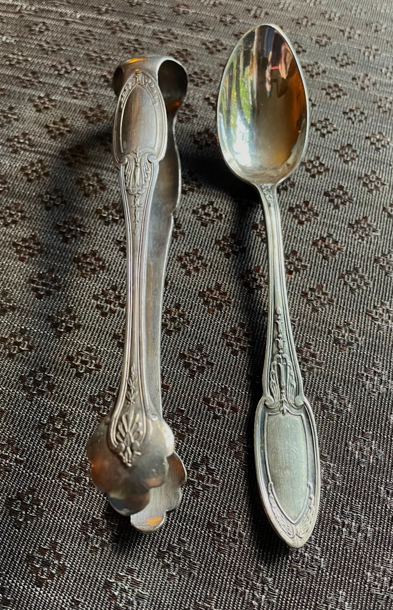 12 Ercuis House Silver-plated Metal Coffee Spoons And Sugar Tongs, Empire Silverware Pattern -photo-2