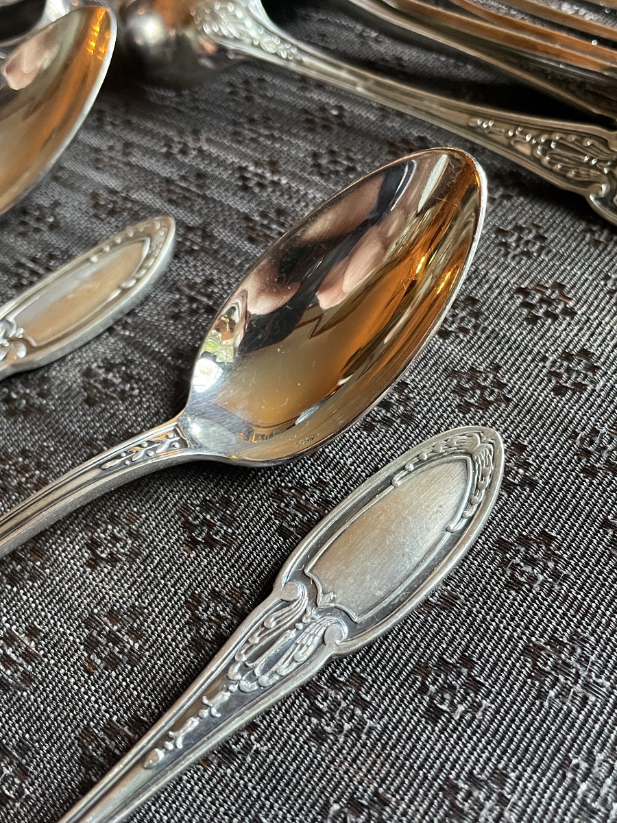 12 Ercuis House Silver-plated Metal Coffee Spoons And Sugar Tongs, Empire Silverware Pattern -photo-4