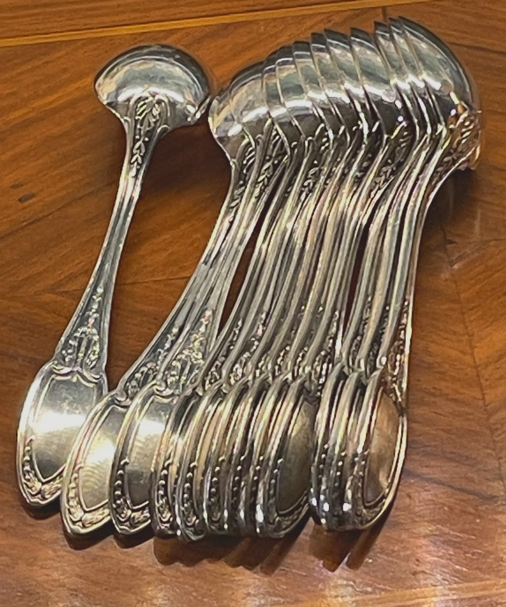 12 Ercuis House Silver-plated Metal Coffee Spoons And Sugar Tongs, Empire Silverware Pattern -photo-3