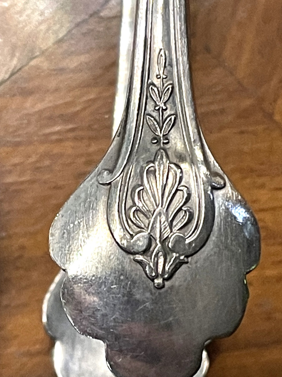 12 Ercuis House Silver-plated Metal Coffee Spoons And Sugar Tongs, Empire Silverware Pattern -photo-4