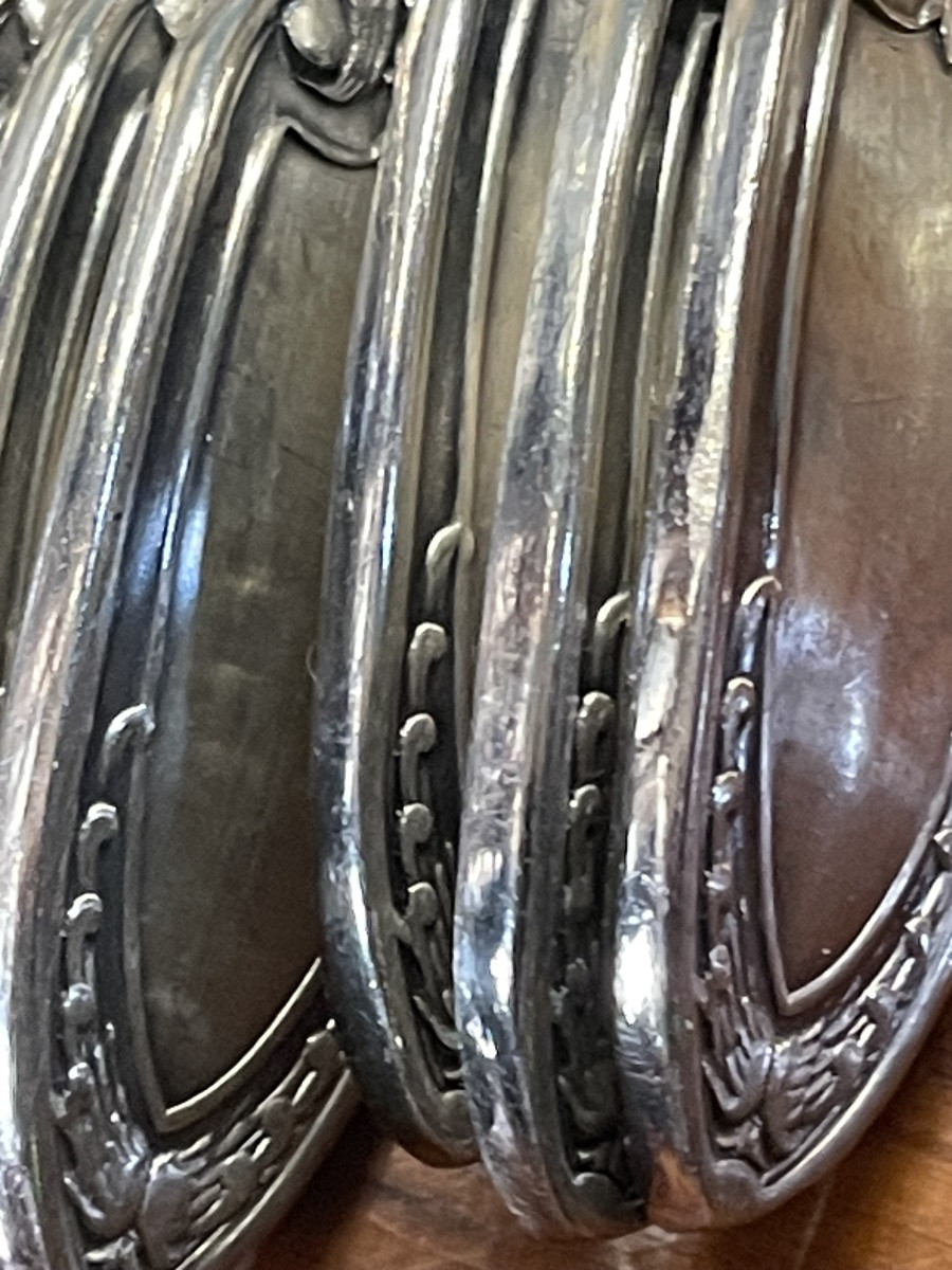 12 Ercuis House Silver-plated Metal Coffee Spoons And Sugar Tongs, Empire Silverware Pattern -photo-7