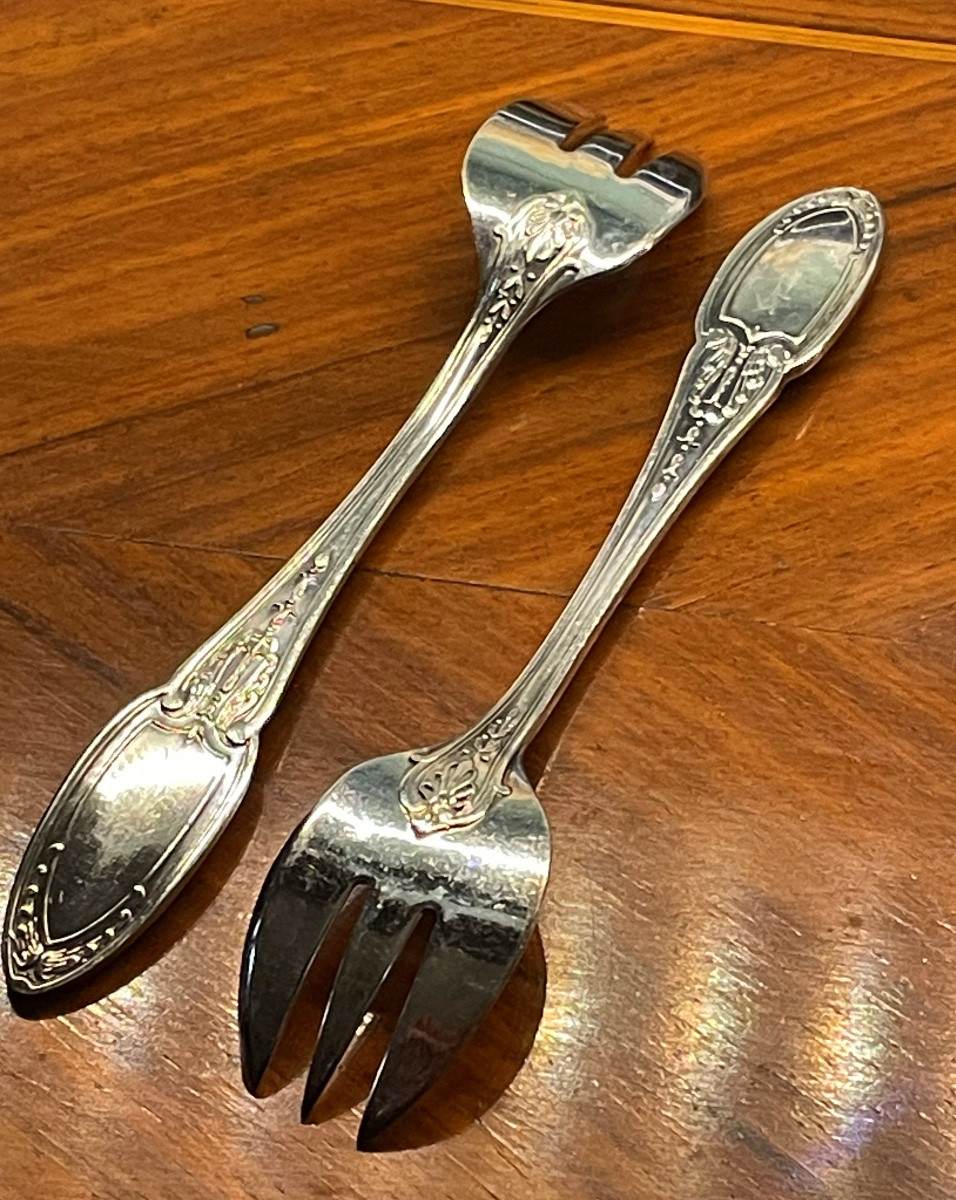 12 Ercuis Oyster Forks In Silver-plated Metal, Empire Model, Silverware, Shells-photo-2