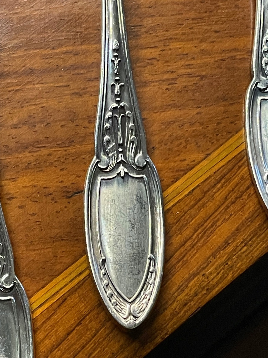 12 Ercuis Oyster Forks In Silver-plated Metal, Empire Model, Silverware, Shells-photo-3