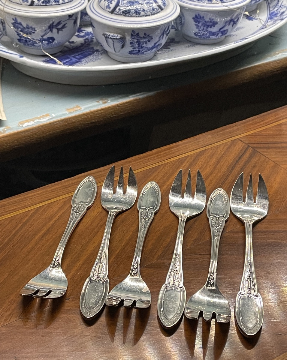 12 Ercuis Oyster Forks In Silver-plated Metal, Empire Model, Silverware, Shells-photo-4