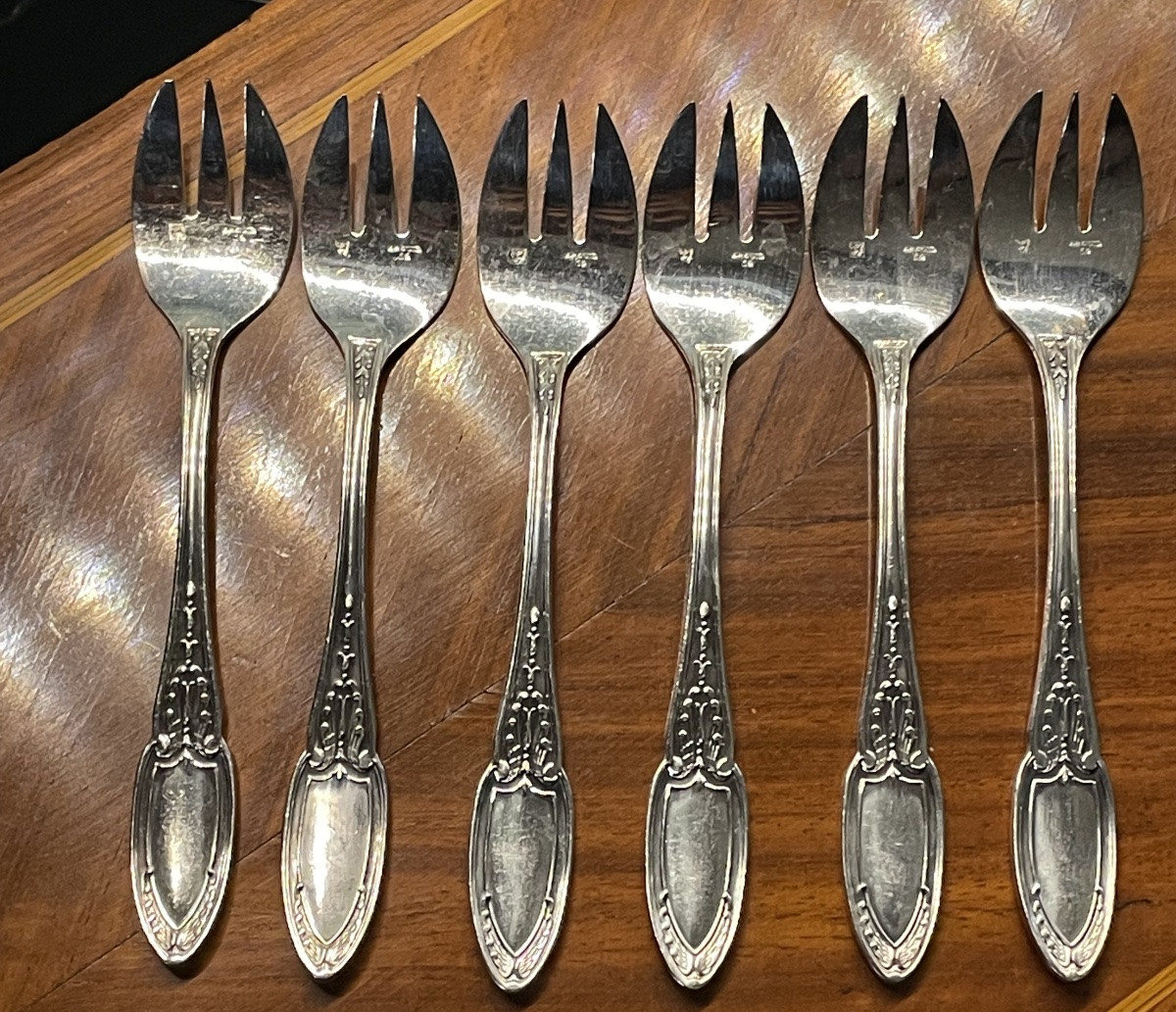 12 Ercuis Oyster Forks In Silver-plated Metal, Empire Model, Silverware, Shells-photo-5