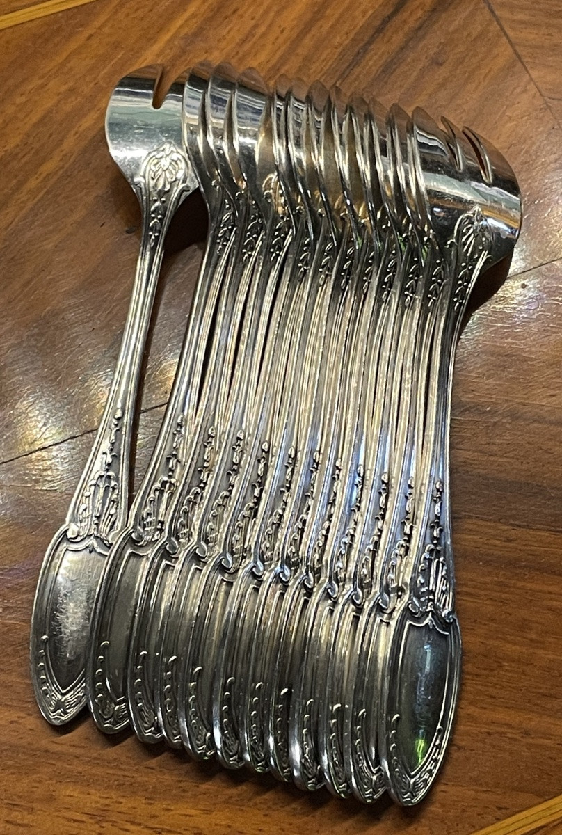 12 Ercuis Oyster Forks In Silver-plated Metal, Empire Model, Silverware, Shells-photo-6