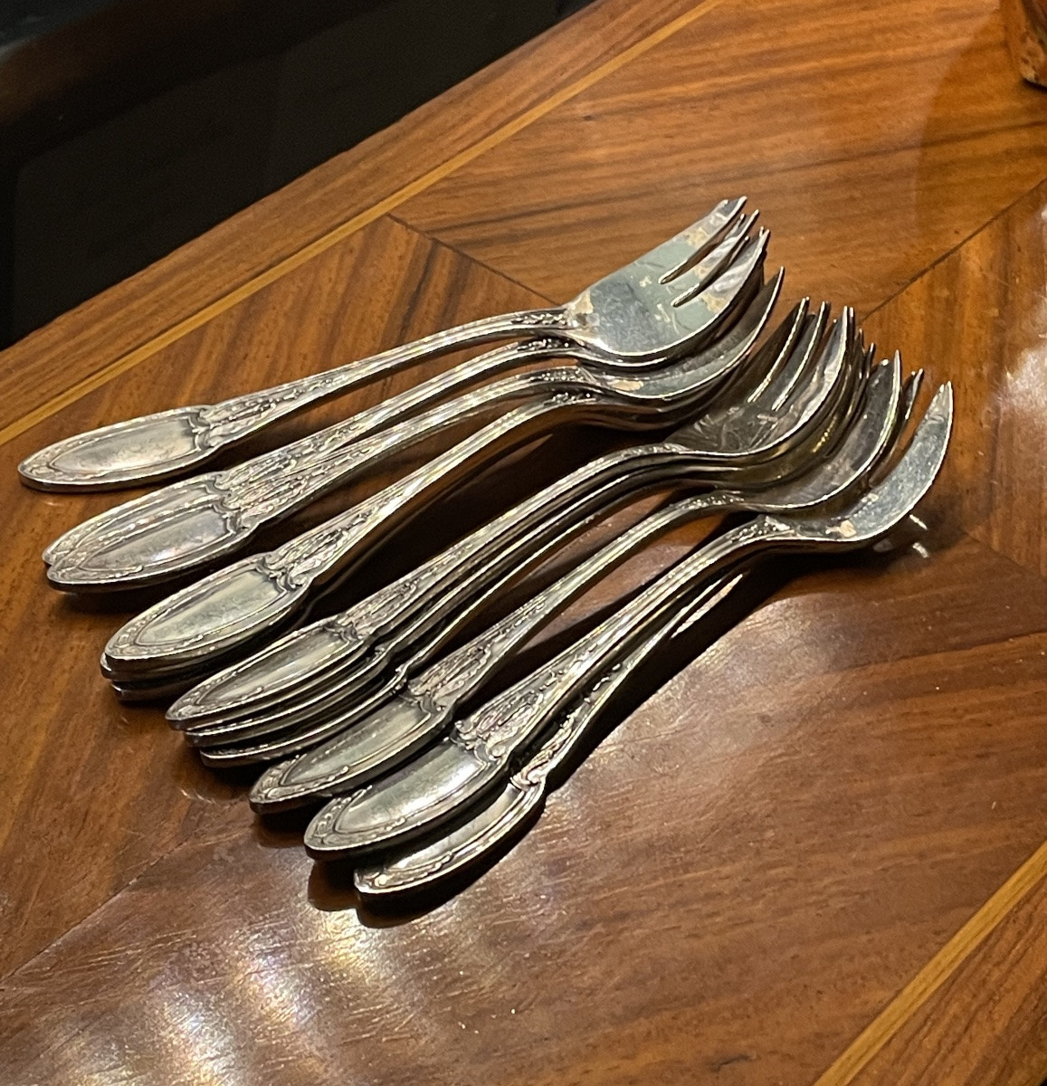 12 Ercuis Oyster Forks In Silver-plated Metal, Empire Model, Silverware, Shells-photo-8