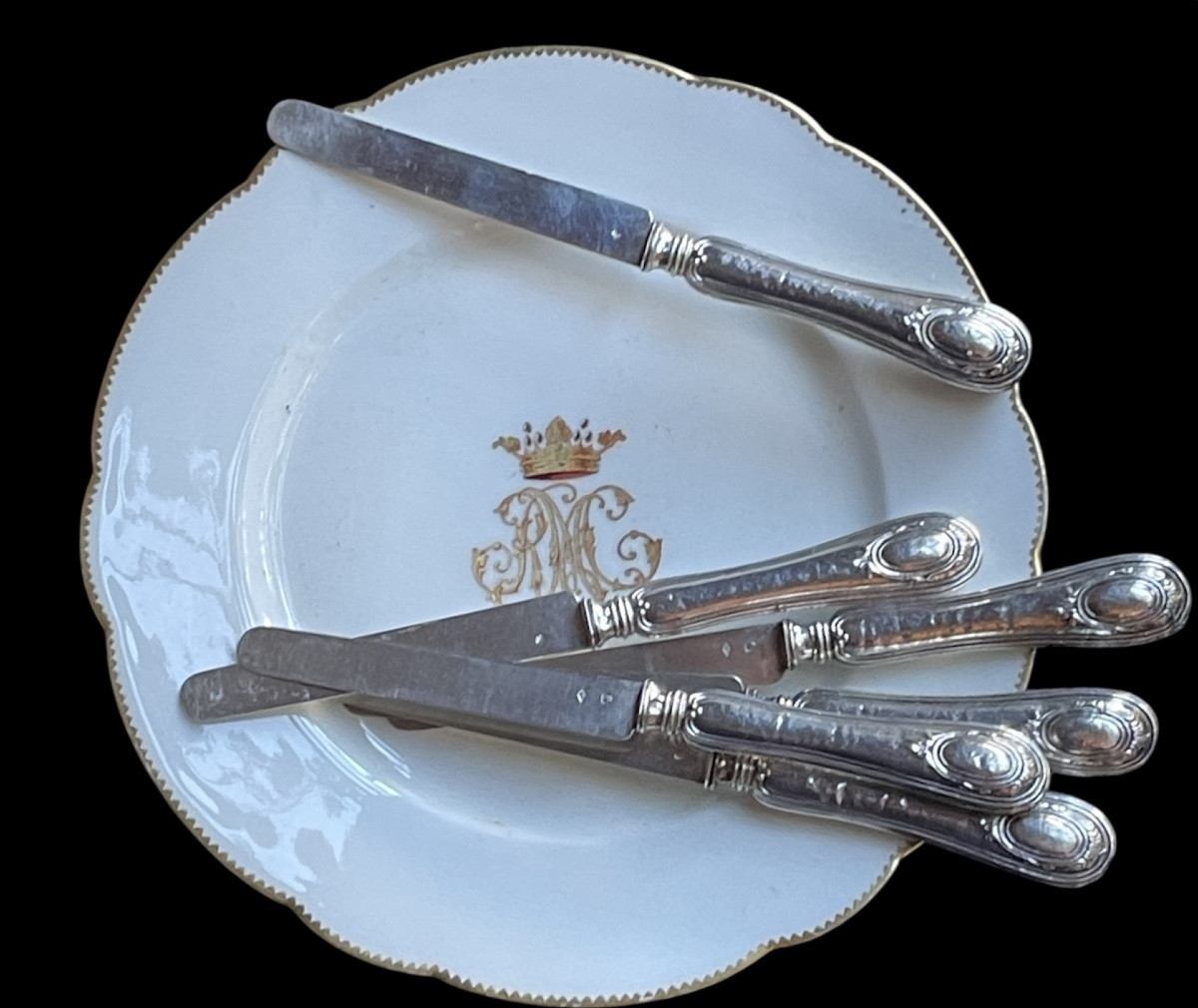 SÉRIE DE 6 COUTEAUX À FRUITS OU ENTREMETS ARGENT MASSIF  POINÇON MINERVE STYLE LOUIS XVI  -photo-2
