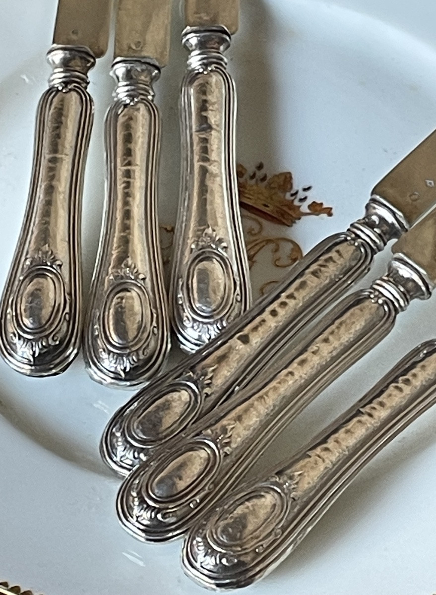 SÉRIE DE 6 COUTEAUX À FRUITS OU ENTREMETS ARGENT MASSIF  POINÇON MINERVE STYLE LOUIS XVI  -photo-3
