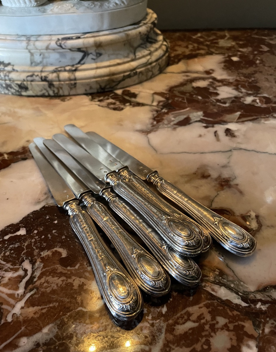 SÉRIE DE 6 COUTEAUX À FRUITS OU ENTREMETS ARGENT MASSIF  POINÇON MINERVE STYLE LOUIS XVI  -photo-1