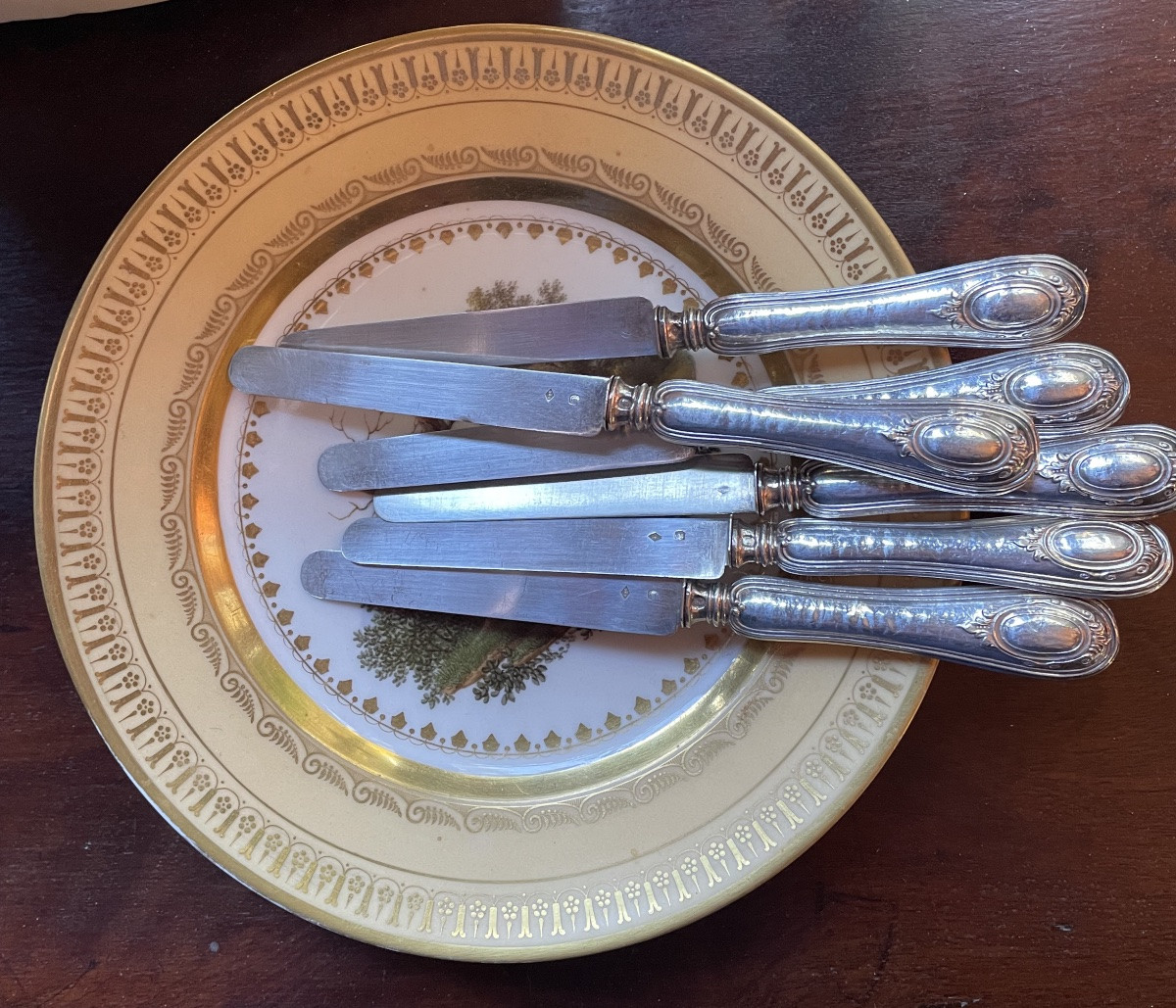 SÉRIE DE 6 COUTEAUX À FRUITS OU ENTREMETS ARGENT MASSIF  POINÇON MINERVE STYLE LOUIS XVI  -photo-7