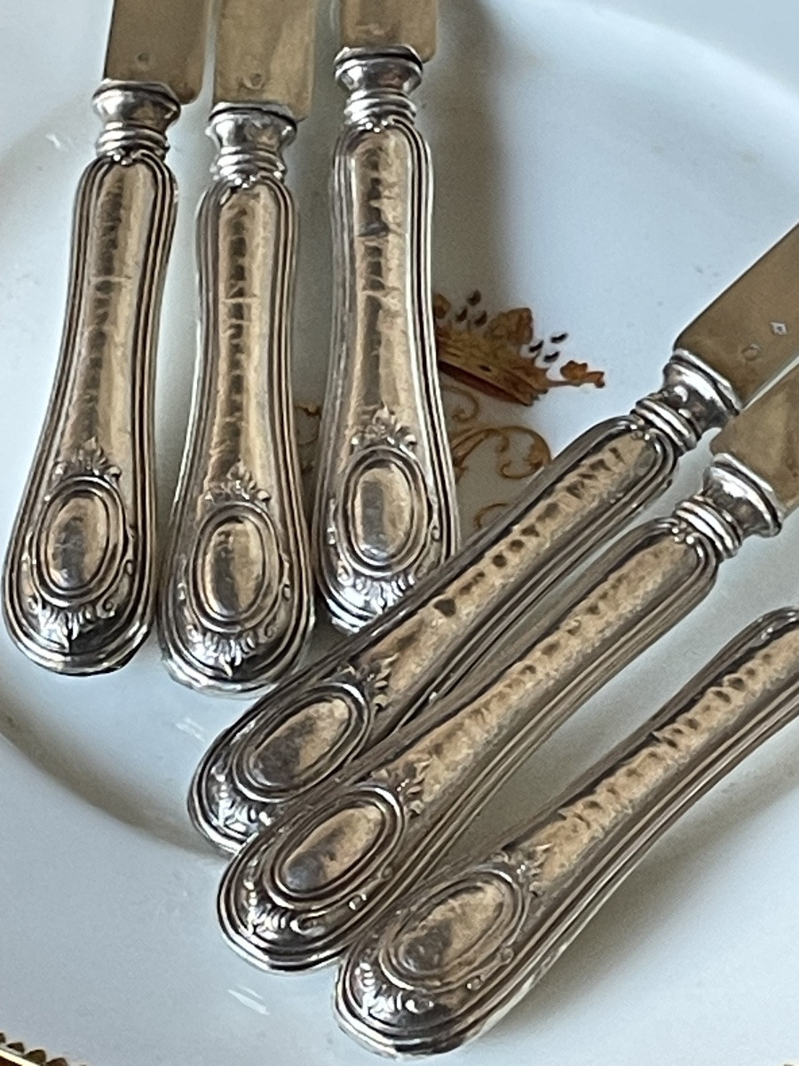 SÉRIE DE 6 COUTEAUX À FRUITS OU ENTREMETS ARGENT MASSIF  POINÇON MINERVE STYLE LOUIS XVI  -photo-8