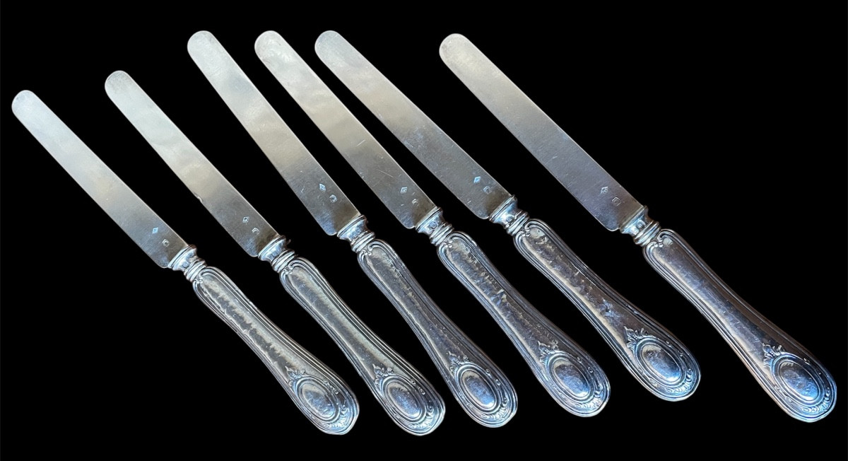 SÉRIE DE 6 COUTEAUX À FRUITS OU ENTREMETS ARGENT MASSIF  POINÇON MINERVE STYLE LOUIS XVI  -photo-6