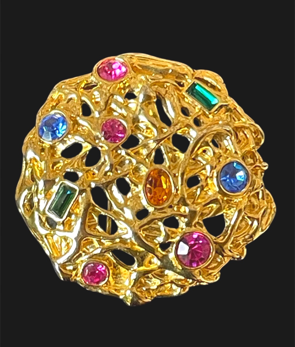 Broche Vintage En Métal Doré Avec Pierres - Bijou D'occasion - Style Rétro