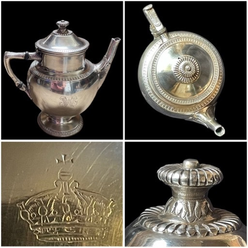 THÉIÈRE EN MÉTAL  ARGENTÉ DE L'ORFÈVRE CAYLAR & BAYARD GRAVÉE D'UNE COURONNE IMPÉRIALE  NOBLE -photo-3