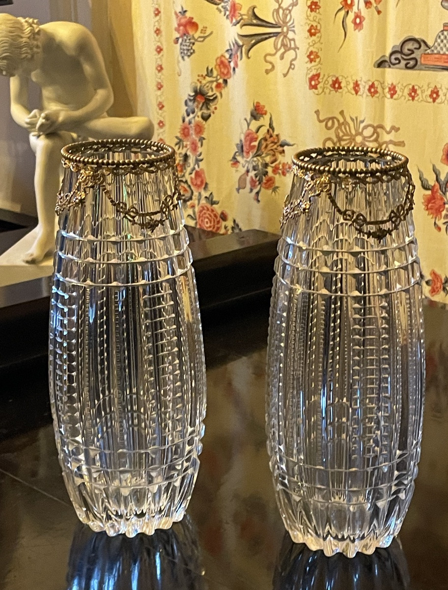 PAIRE DE VASES EN CRISTAL TAILLÉ À MONTURE PERLÉE  STYLE LOUIS XVI VERS 1920 -1930 ART DÉCO -photo-8
