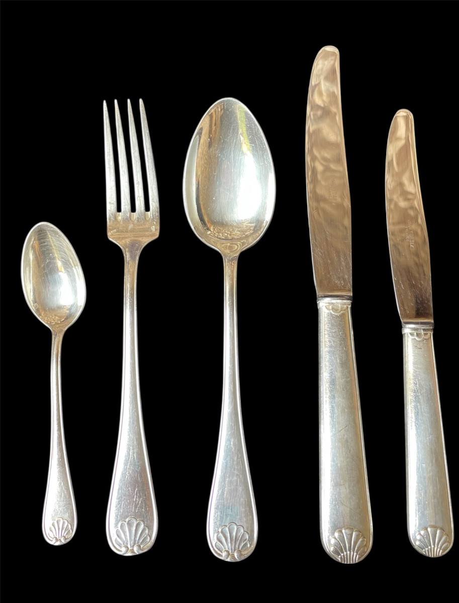 62-piece Silver-plated Flatware Set, Stylized Art Deco Shell Design, Jean Amiel 1930-photo-2