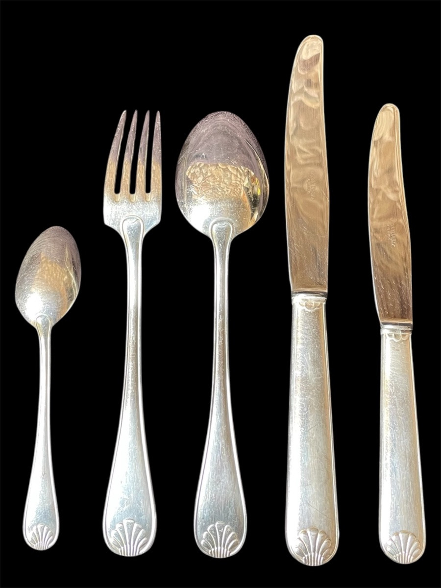 62-piece Silver-plated Flatware Set, Stylized Art Deco Shell Design, Jean Amiel 1930-photo-3