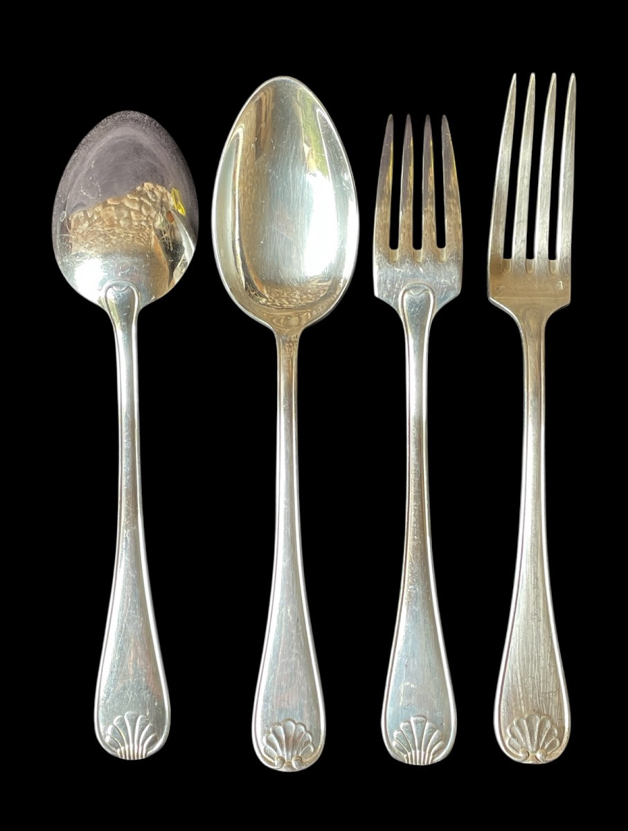 62-piece Silver-plated Flatware Set, Stylized Art Deco Shell Design, Jean Amiel 1930-photo-3