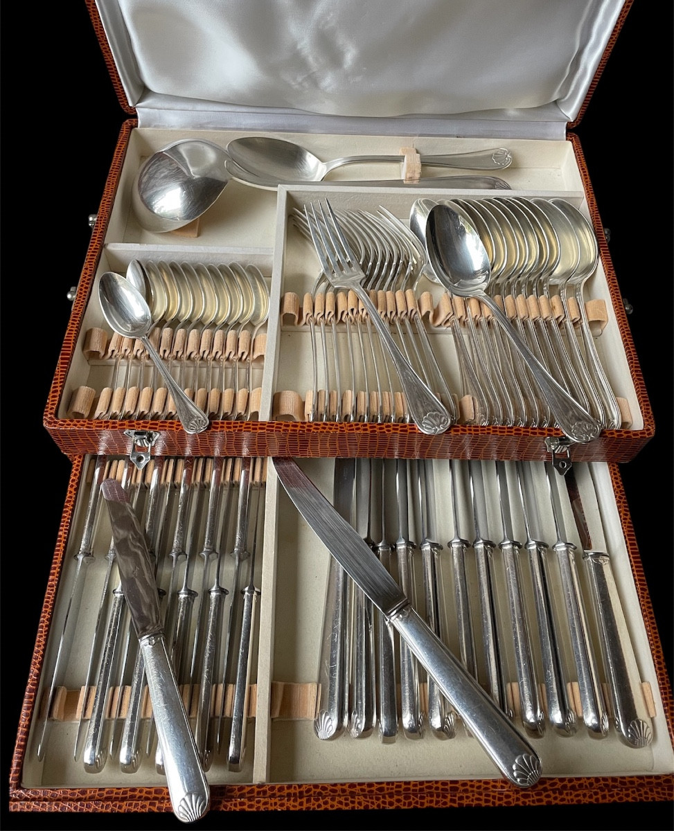 62-piece Silver-plated Flatware Set, Stylized Art Deco Shell Design, Jean Amiel 1930